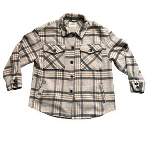 Ashley by 26 International Plaid Shacket Jacket Coat Beige Gray Wool Blend L